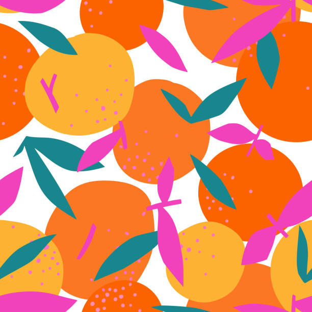 floral fruit nahtloses muster aus orangen mit blättern - fruit stock-grafiken, -clipart, -cartoons und -symbole