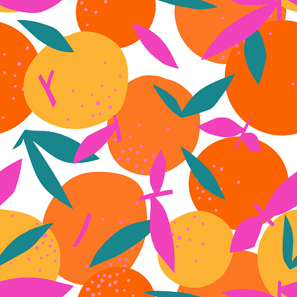Floral Fruit seamless pattern made of oranges with leaves. Artistic background. Cut out paper design. Top view. Flat botanical illustration.