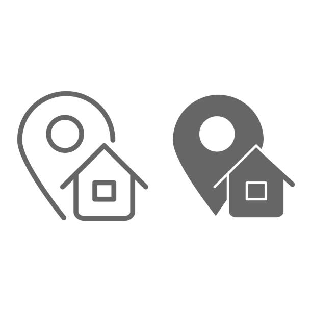 住所線と固体アイコン、ロジスティックシンボル、白い背景に家のベクトル記号を持つ地図ポインタ、モバイルコンセプトとウェブデザインのためのアウトラインスタイルのホームアドレス� - sign symbol house computer icon点のイラスト素材／クリップアート素材／マンガ素材／アイコン素材