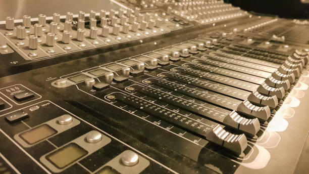 istock Audio sound mixer amplifier equipment, sound engineering acoustic musical mixing concept background, selective focus. Retro style machining 1224446708