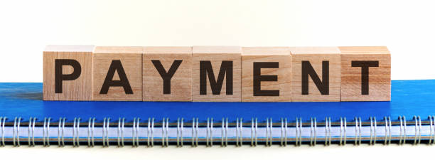 Wooden cubes alphabets building the word PAYMENT. Front view.