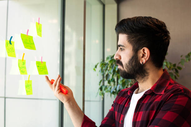 istock Businessman reading adhesive notes on glass wall in office 1224447545