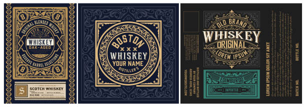 sada štítku 3 vintage pro balení. západní styl s květinovými detaily. - whiskey stock ilustrace