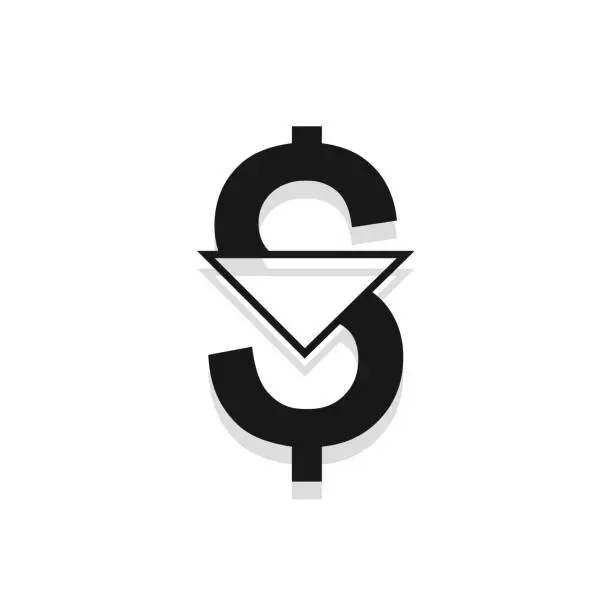 Vector illustration of Dollar down icon. Cost reduction sign. Money symbol with arrow stretching rising drop fall down. Doları azaltmak, düşmek, vektör çizim.