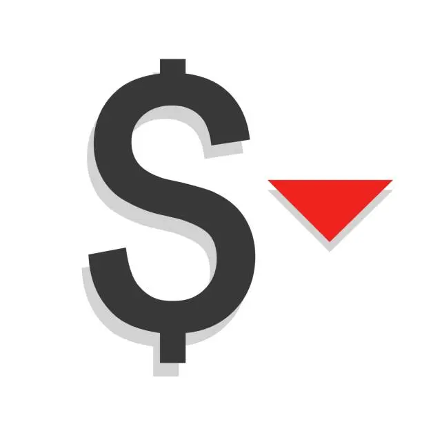 Vector illustration of Dollar down icon. Cost reduction sign. Money symbol with arrow stretching rising drop fall down. Doları azaltmak, düşmek, vektör çizim.