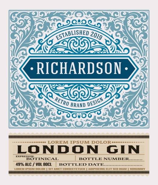 Gin label for packing with floral ornaments Gin label for packing with floral ornaments gin label stock illustrations