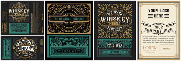 ilustraciones, imágenes clip art, dibujos animados e iconos de stock de conjunto de 6 etiquetas vintage para embalaje - whisky