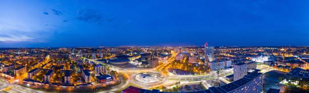 Panoramic drone aerial view on Katowice center at night Panoramic drone aerial view on Katowice center at night. Katowice is capital of ilesian Voivodeship in south-west Poland katowice stock pictures, royalty-free photos & images