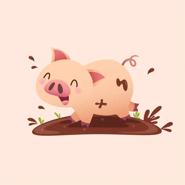 Vector illustration of Vector illustration cartoon pig playing in the mud.