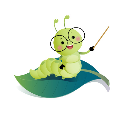 Vector illustration cartoon clever caterpillar teacher wearing glasses and holding pointer