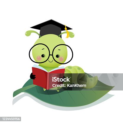 istock Vector illustration cute cartoon caterpillar worm wearing graduation mortarboard hat and glasses reading a book on the leaf. 1224450156