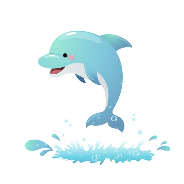 illustrazioni stock, clip art, cartoni animati e icone di tendenza di illustrazione vettoriale simpatico delfino dei cartoni animati che salta fuori dal mare. - happy dolphin