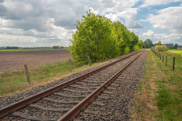 Picturesque landscape with seemingly endless long diagonal rusty single track rails. The photo was taken on a cloudy day in the Dutch spring season.