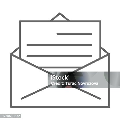 istock Letter thin line icon, delivery symbol, receive mail envelope vector sign on white background, opened letter in envelope icon in outline style for mobile concept and web design. Vector graphics. 1224450322