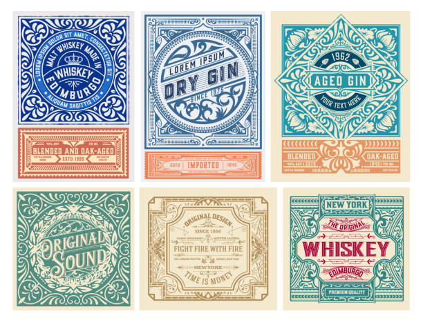 ilustraciones, imágenes clip art, dibujos animados e iconos de stock de mega conjunto de 6 etiquetas vintage. vector en capas - whisky