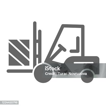 istock Forklift truck delivery solid icon, logistics symbol, Cargo packaging transportation vector sign on white background, Lift truck with box icon in glyph style for mobile and web. Vector. 1224450798