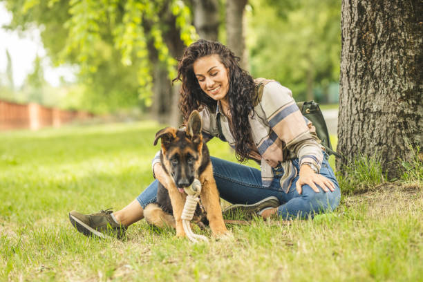 istock Woman playing with dog in park 1224451532
