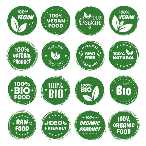 Vector illustration of Organic food labels. Fresh eco vegetarian products, vegan label and healthy foods badges. Veganism logo, vegans diet sticker or ecological food product stamp. Vegetarian eco green concept.