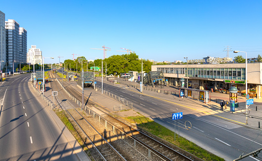 Warsaw, Mazovia / Poland - 2020/05/10: Warszawa Gdanska railway station building at Slonimskiego street in Zoliborz northern district of Warsaw