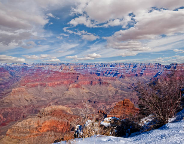 Winter at the Grand Canyon Winter is a special time at the Grand Canyon.  Snow clings to the South Rim while the lower elevations of the canyon remain snow-free and warm.  This scene was photographed on the South Rim Trail in Grand Canyon National Park, Arizona, USA. jeff goulden grand canyon national park stock pictures, royalty-free photos & images