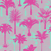 istock Palm tree seamless pattern. Holiday summer tropical background with brush strokes dashed lines texture., 1224455316