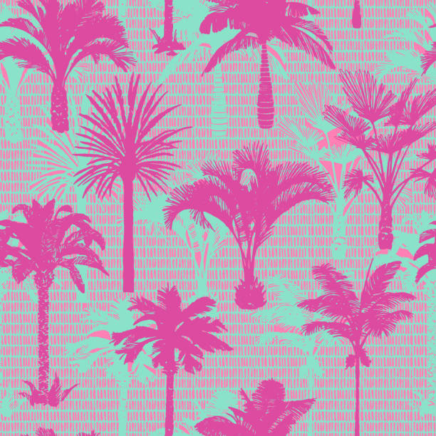 Palm tree seamless pattern. Holiday summer tropical background with brush strokes dashed lines texture., Palm tree silhouettes seamless pattern. Hand-drawn tropical plants. Trendy exotic botanical background with banana palm tree, coconut palm tree. Geometric dashed lines stitch texture. banana drawings stock illustrations