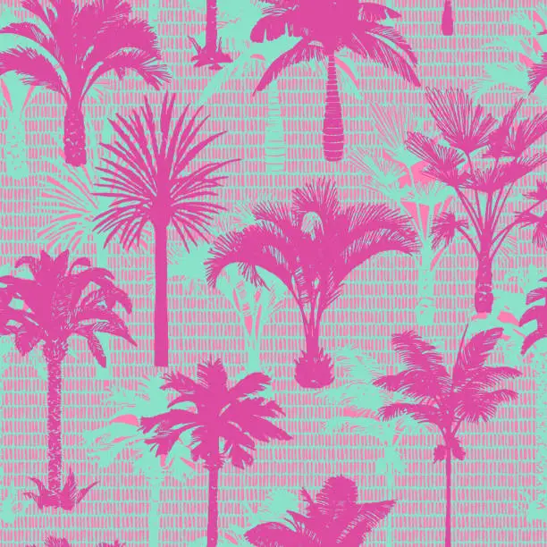 Vector illustration of Palm tree seamless pattern. Holiday summer tropical background with brush strokes dashed lines texture.,