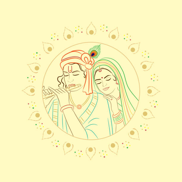 RadhaKrishna Vector illustration of Hindu deity Krishna playing flute with Radha. EPS 10 file is made in RGB color. Background square is on separate layer. File is arranged in groups and layers for easy editing. radha krishna stock illustrations