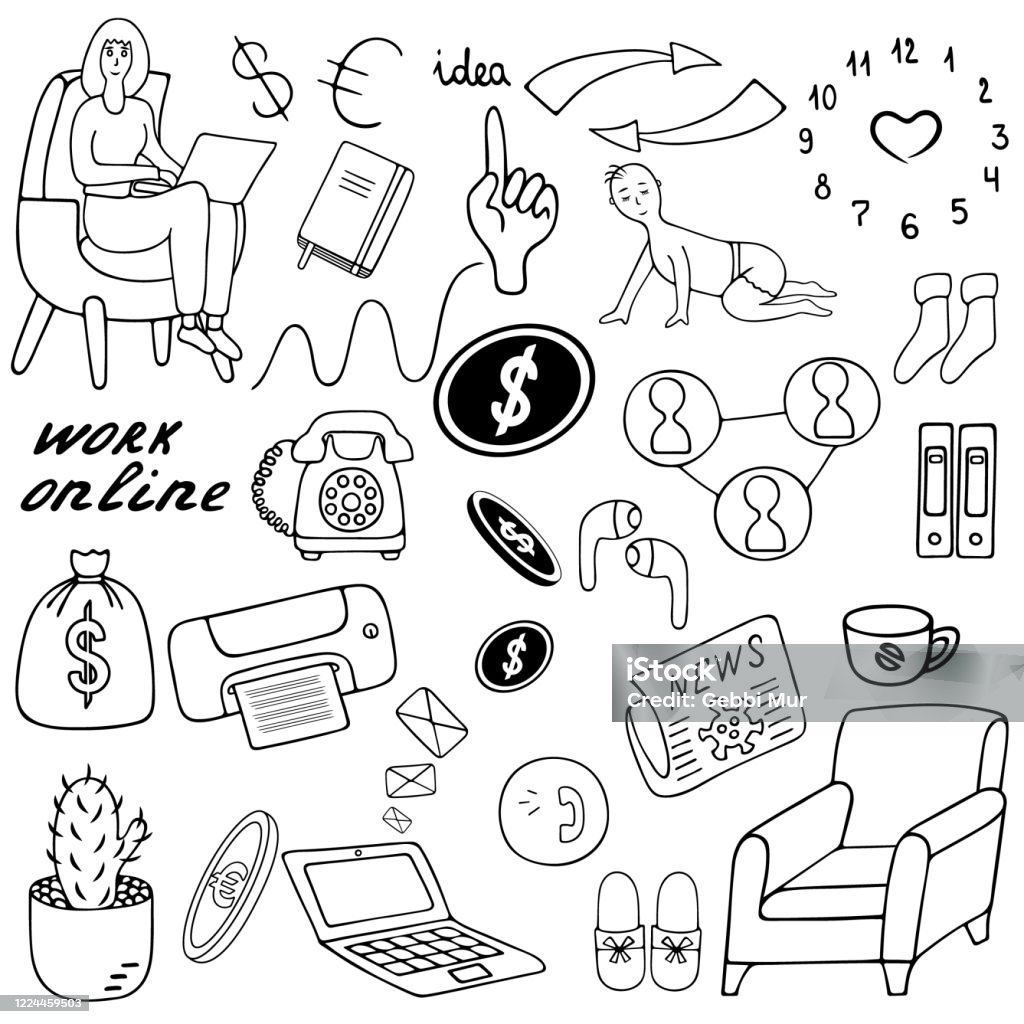 Stay At Home Work Online Set Of Vector Illustrations Contour On An Isolated White  Background Doodle Style Sketch Coloring Book For Children Business  Collection Home Office Lettering Distance Stock Illustration - Download