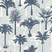 istock Palm tree seamless pattern. Holiday summer tropical background with brush strokes dashed lines texture., 1224459755