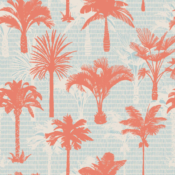 Palm tree seamless pattern. Holiday summer tropical background with brush strokes dashed lines texture., Palm tree silhouettes seamless pattern. Hand-drawn tropical plants. Trendy exotic botanical background with banana palm tree, coconut palm tree. Geometric dashed lines stitch texture. tropical pattern stock illustrations