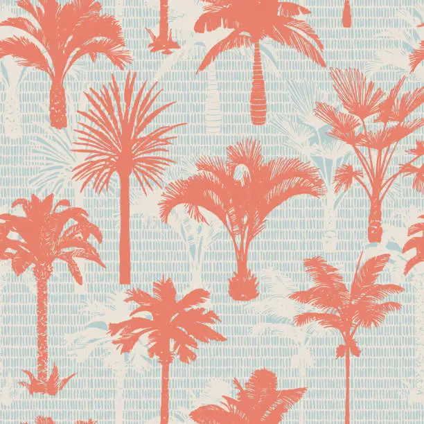 Vector illustration of Palm tree seamless pattern. Holiday summer tropical background with brush strokes dashed lines texture.,