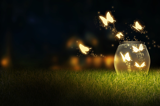 Glowing bug firefly, butterfly coming out of a jar in a night isolated on a natural background. Magic night imagination. Magical nature concept. Artistic design raster illustration manipulation