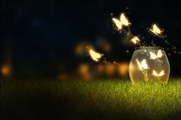 Glowing bug firefly, butterfly coming out of a jar in a night isolated on a natural background Glowing bug firefly, butterfly coming out of a jar in a night isolated on a natural background. Magic night imagination. Magical nature concept. Artistic design raster illustration manipulation glowworm photos stock pictures, royalty-free photos & images