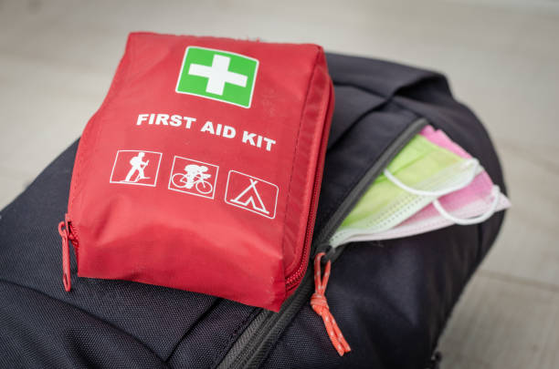 istock Close up view with a backpack with   two face protection mask  and   first aid  kit  ready for couple  mountain trip .Measures to avoid crowded and contamination with covid -19 after leaving the quarantine period . 1224463941
