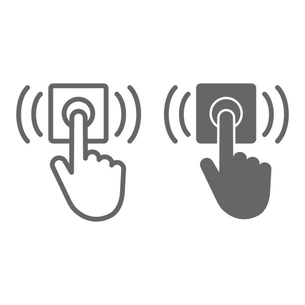 リングドアベルラインと固体アイコン、配信シンボル、ハンドプッシュベルボタンベクトルサイン白い背景、モバイルとウェブデザインのためのアウトラインスタイルでドアベルアイコンを� - pushing push button human hand human finger点のイラスト素材／クリップアート素材／マンガ素材／アイコン素材