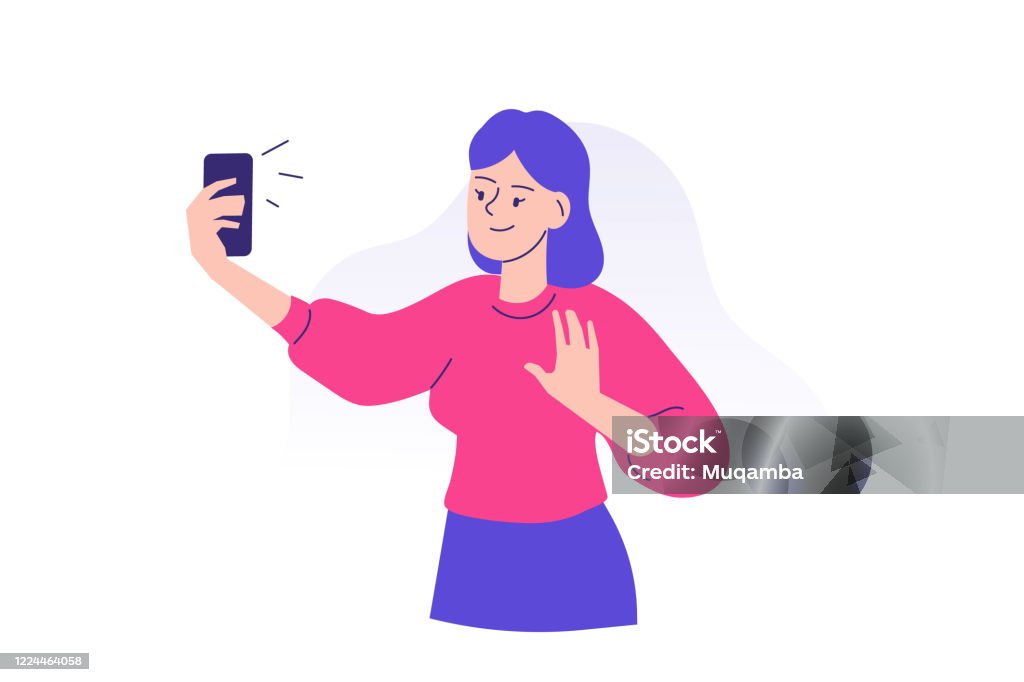 Young woman using smartphone to communicate. Happy teen girl taking selfie with phone concept. Using portable device or gadget. Female cartoon character. Isolated modern vector illustration Selfie stock vector
