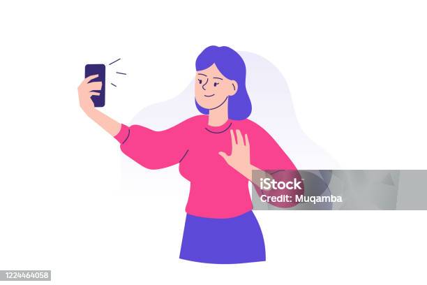 Young Woman Using Smartphone To Communicate Happy Teen Girl Taking Selfie With Phone Concept Using Portable Device Or Gadget Female Cartoon Character Isolated Modern Vector Illustration Stock Illustration - Download Image Now