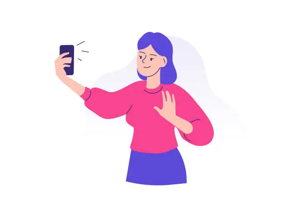Vector illustration of Young woman using smartphone to communicate. Happy teen girl taking selfie with phone concept. Using portable device or gadget. Female cartoon character. Isolated modern vector illustration