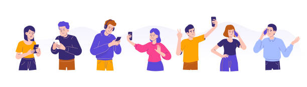 Young people using smartphones concept. Men and women talking, typing, chatting, listening music and taking selfies with phones. Female and male characters collection or set. Flat vector illustration vector art illustration