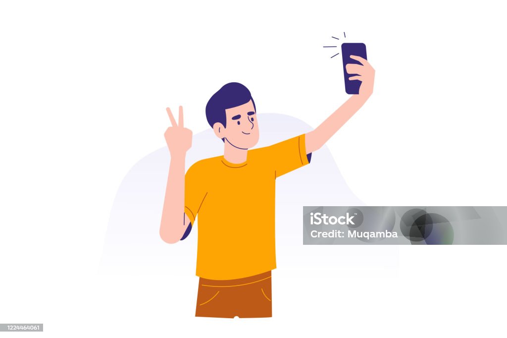 의사 소통을 위해 스마트 폰을 사용하는 젊은 남자. 전화 개념으로 셀카를 찍는 행복한 십대 소년. 휴대용 장치 또는 가젯 사용. 남성 만화 캐릭터입니다. 격리된 현대 벡터 일러스트레이션 - 로열티 프리 셀카 벡터 아트