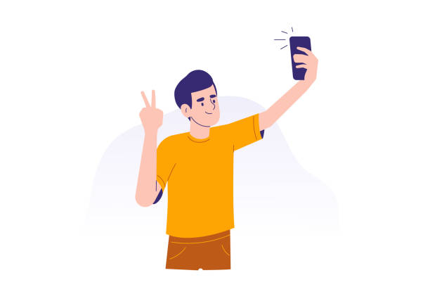 의사 소통을 위해 스마트 폰을 사용하는 젊은 남자. 전화 개념으로 셀카를 찍는 행복한 십대 소년. 휴대용 장치 또는 가젯 사용. 남성 만화 캐릭터입니다. 격리된 현대 벡터 일러스트레이션 - 셀카 stock illustrations