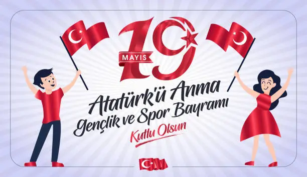 Vector illustration of 19 Mayis Ataturk'u Anma, Genclik ve Spor Bayrami Kutlu Olsun. Translation: 19 may Commemoration of Ataturk, Youth and Sports Day, graphic design to the Turkish holiday. greeting card.