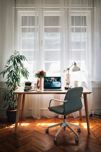 Social distancing: the cosy workplace of a businesswoman working from home.