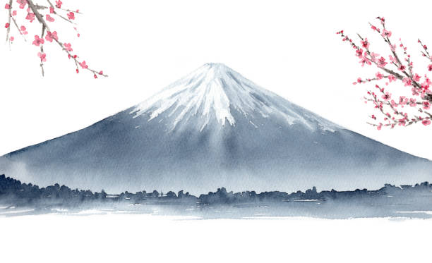 Ink painting illustration of　Mt.Fuzi and cherry blossoms. Ink painting illustration of Mount Fuzii and cherry blossoms. mt fuji stock illustrations