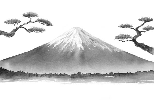 ふんち山と桜の墨絵イラスト - 富士山のベクターアート素材や画像を