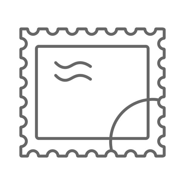 почтовая марка тонкая линия значок, доставка символ, бумага ретро почтовый штамп вектор знак на бело�м фоне, почтовый знак значок в стиле кон - postage stamp stock illustrations