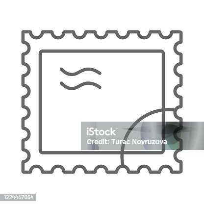 istock Postal stamp thin line icon, delivery symbol, Paper retro post stamp vector sign on white background, postmark icon in outline style for mobile concept and web design. Vector graphics. 1224467054