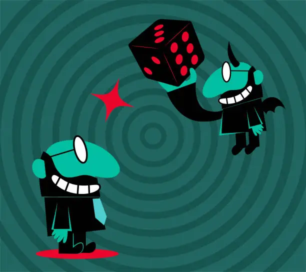 Vector illustration of Businessman and flying horned devil are rolling a dice