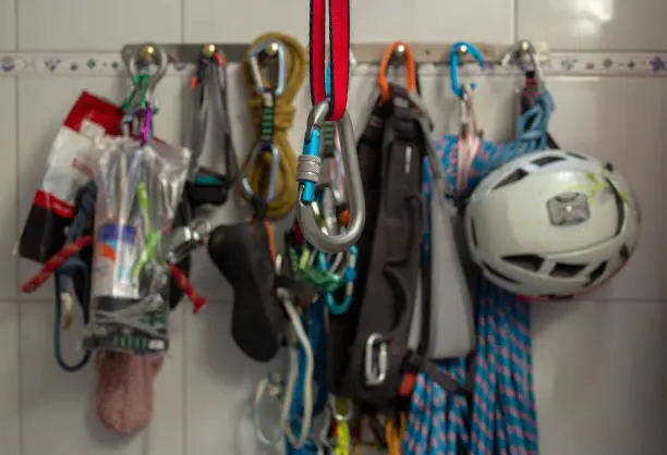 Lots of rock climbing gear on a single picture